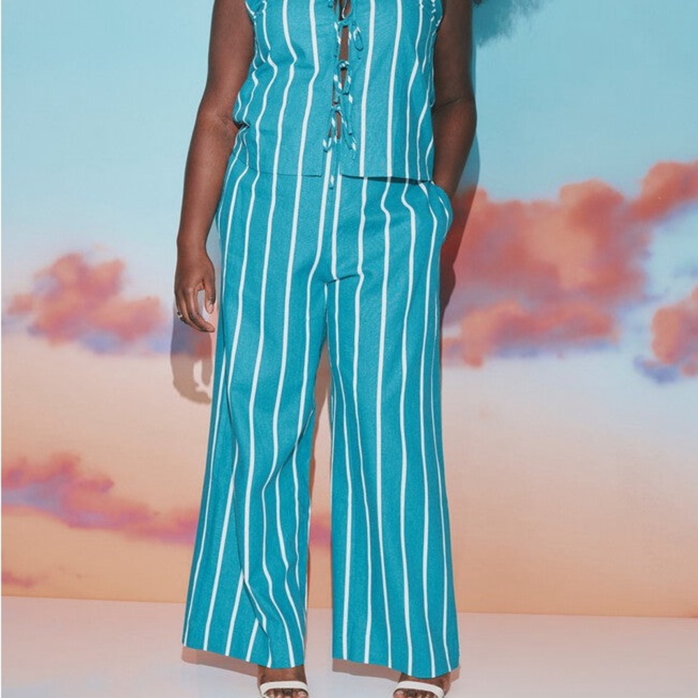 Eloquii Teal and White Striped Wide Leg Pants